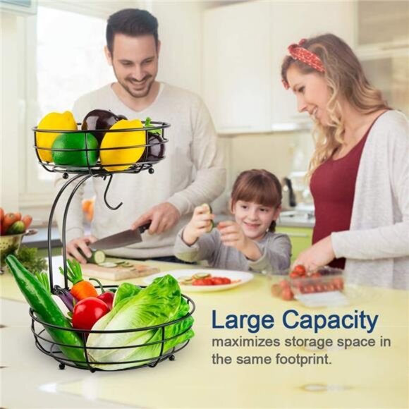 Iron 2-Tier Countertop Fruit Vegetables Basket Bowl Storage With Banana - Picture 2 of 7